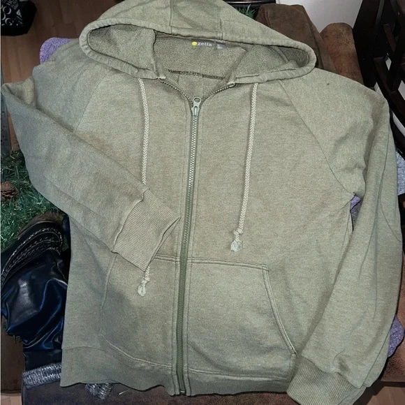 Zella Jacket Long Sleeve Hooded Sweatshirt Full Zip Lightly Ruched Green, Small - Picture 10 of 11